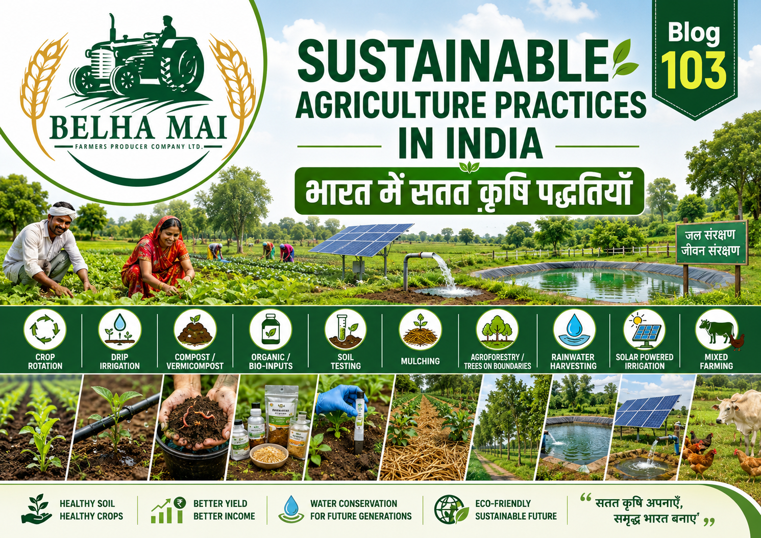 Sustainable agriculture practices in India showing crop rotation, drip irrigation, compost, soil testing, agroforestry, rainwater harvesting and FPO support