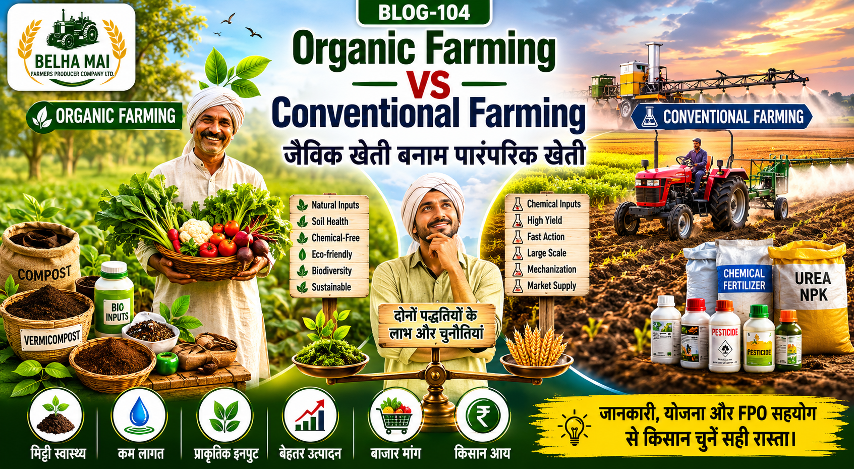 Organic farming vs conventional farming showing compost, bio-inputs, chemical fertilizers, soil health, productivity and farmer decision making