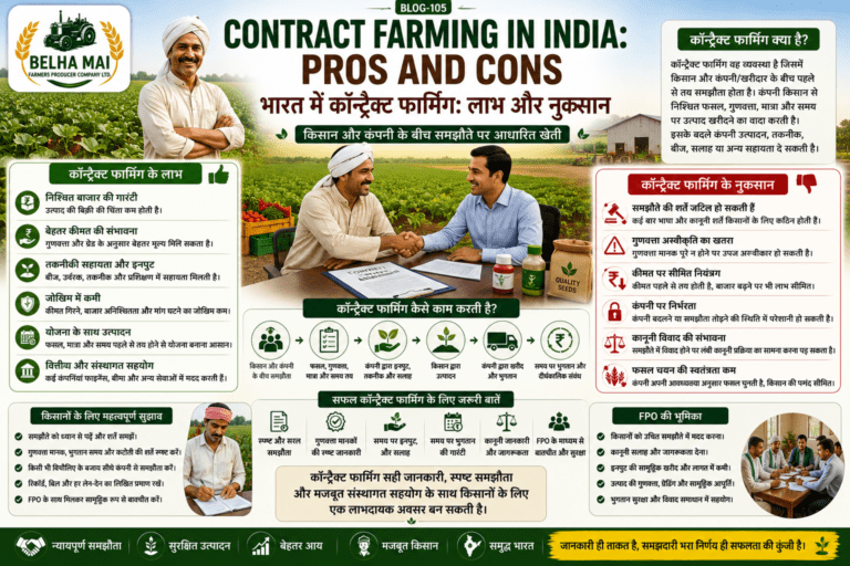 Contract farming in India: pros and cons showing farmer agreement, buyer linkage, assured market, quality standards, payment risk and FPO support