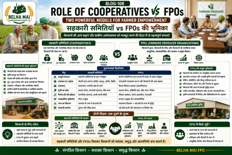 Role of cooperatives vs FPOs showing farmer cooperatives, Farmer Producer Organizations, market linkage, input supply, aggregation and farmer income
