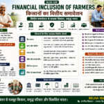 Financial inclusion of farmers showing bank accounts, Kisan Credit Card, crop insurance, digital payments, savings, loans and FPO support