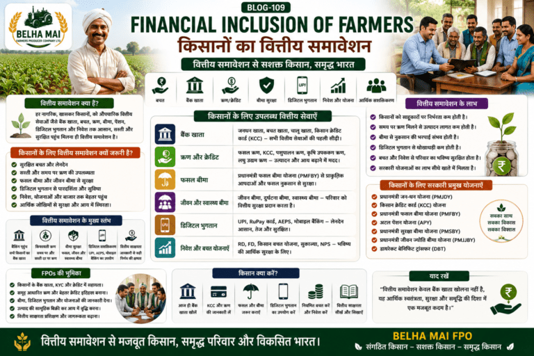 Financial inclusion of farmers showing bank accounts, Kisan Credit Card, crop insurance, digital payments, savings, loans and FPO support