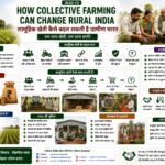 How collective farming can change rural India showing farmers working together, FPO support, shared machinery, storage, market linkage and farmer income