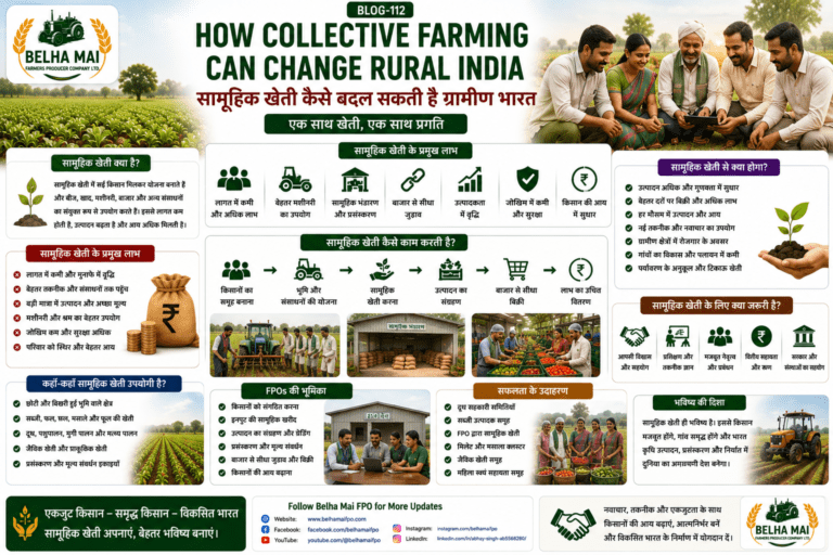 How collective farming can change rural India showing farmers working together, FPO support, shared machinery, storage, market linkage and farmer income
