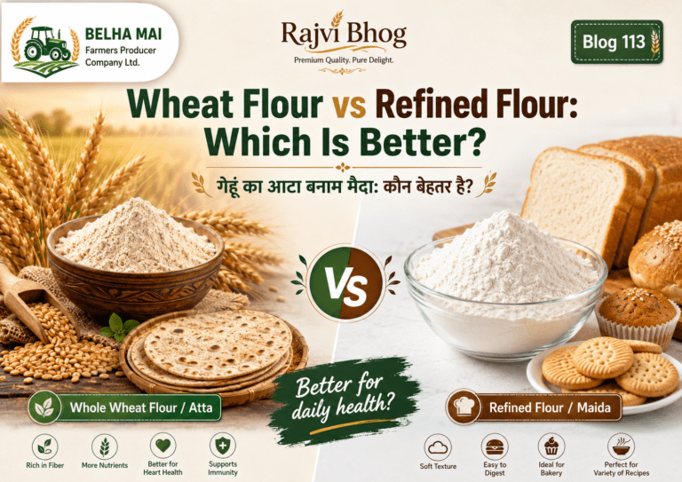 Wheat flour vs refined flour comparison showing whole wheat atta and maida for Blog 113 by Rajvi Bhog and Belha Mai FPO