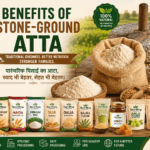 Benefits of stone-ground atta showing traditional chakki flour wheat grains and healthy roti by Rajvi Bhog and Belha Mai FPO