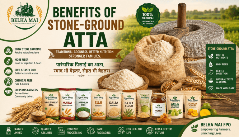 Benefits of stone-ground atta showing traditional chakki flour wheat grains and healthy roti by Rajvi Bhog and Belha Mai FPO