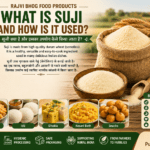 What is suji infographic showing semolina wheat grains upma halwa idli and Rajvi Bhog food products by Belha Mai FPO