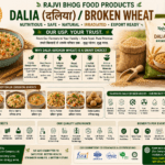 Health benefits of Dalia Broken Wheat showing nutritious dalia recipes fibre benefits irradiation technology and Rajvi Bhog food products by Belha Mai FPO
