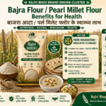 Bajra Flour Pearl Millet Flour benefits showing millet grains bajra roti food irradiation safe packaging and Rajvi Bhog food products by Belha Mai FPO