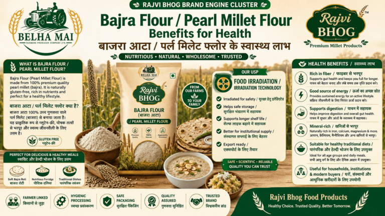 Bajra Flour Pearl Millet Flour benefits showing millet grains bajra roti food irradiation safe packaging and Rajvi Bhog food products by Belha Mai FPO