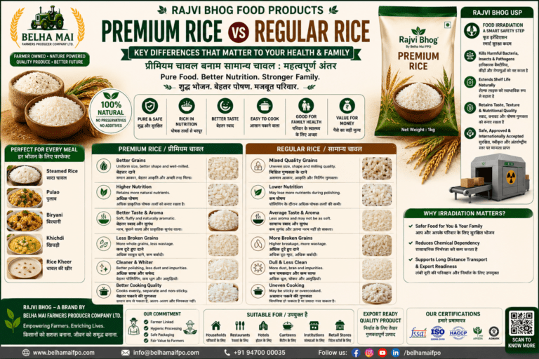 Premium Rice vs Regular Rice comparison showing grain quality aroma cooking quality food irradiation safe packaging and Rajvi Bhog rice products by Belha Mai FPO