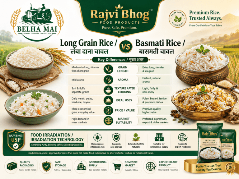 Long Grain Rice vs Basmati Rice comparison showing grain length aroma cooking texture food irradiation safe packaging and Rajvi Bhog rice products by Belha Mai FPO