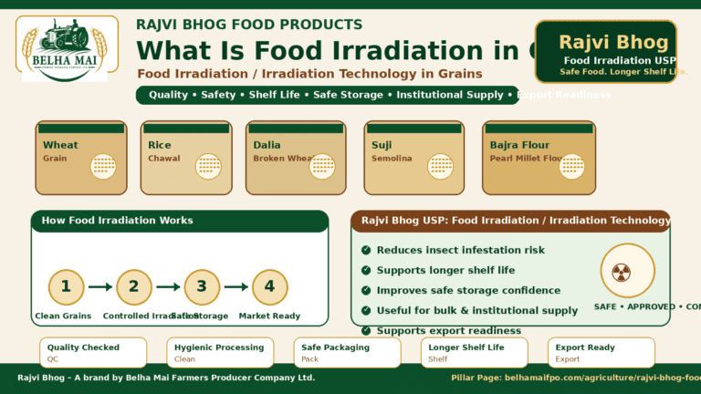 Food Irradiation in Grains showing wheat rice Dalia Broken Wheat Suji Semolina Bajra Flour Pearl Millet Flour safe storage shelf life and Rajvi Bhog food products by Belha Mai FPO