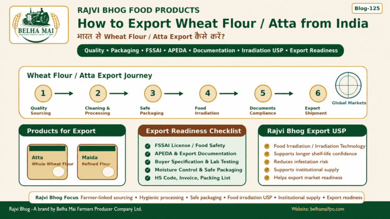 How to Export Wheat Flour from India showing Atta Whole Wheat Flour Maida Refined Flour export process packaging documentation food irradiation and Rajvi Bhog food products by Belha Mai FPO
