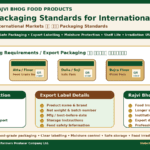 Packaging Standards for International Markets showing food grade packaging export labelling moisture protection food irradiation and Rajvi Bhog export ready food products by Belha Mai FPO