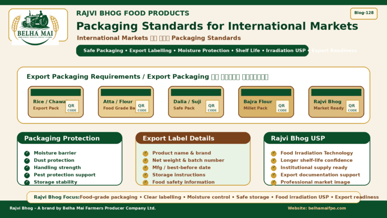 Packaging Standards for International Markets showing food grade packaging export labelling moisture protection food irradiation and Rajvi Bhog export ready food products by Belha Mai FPO
