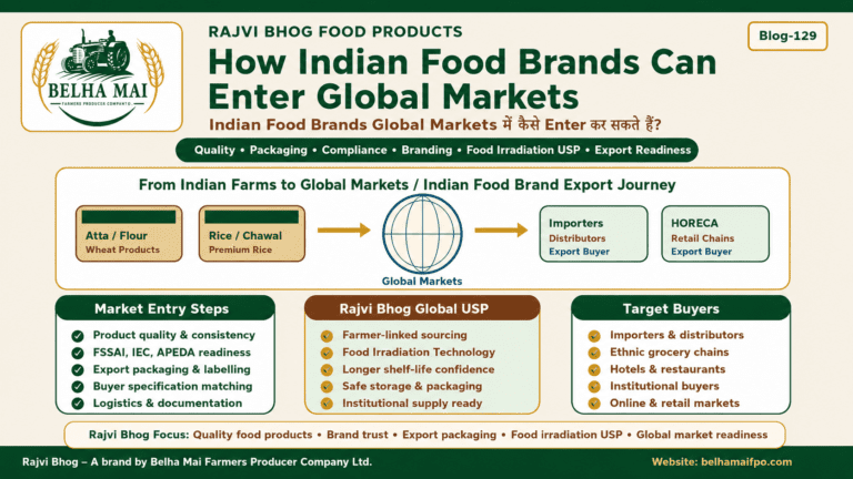 How Indian Food Brands Can Enter Global Markets showing Rajvi Bhog export journey quality packaging compliance branding food irradiation and Belha Mai FPO