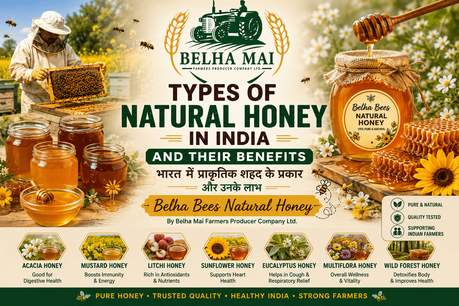 Types of honey in India and their benefits with Belha Bees Natural Honey and Belha Mai FPO logo