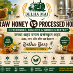 Raw honey vs processed honey comparison with Belha Bees Natural Honey and Belha Mai FPO logo