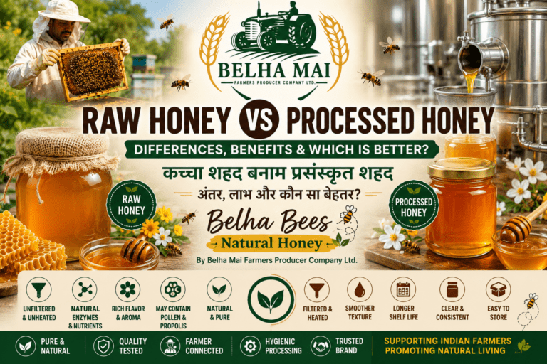 Raw honey vs processed honey comparison with Belha Bees Natural Honey and Belha Mai FPO logo
