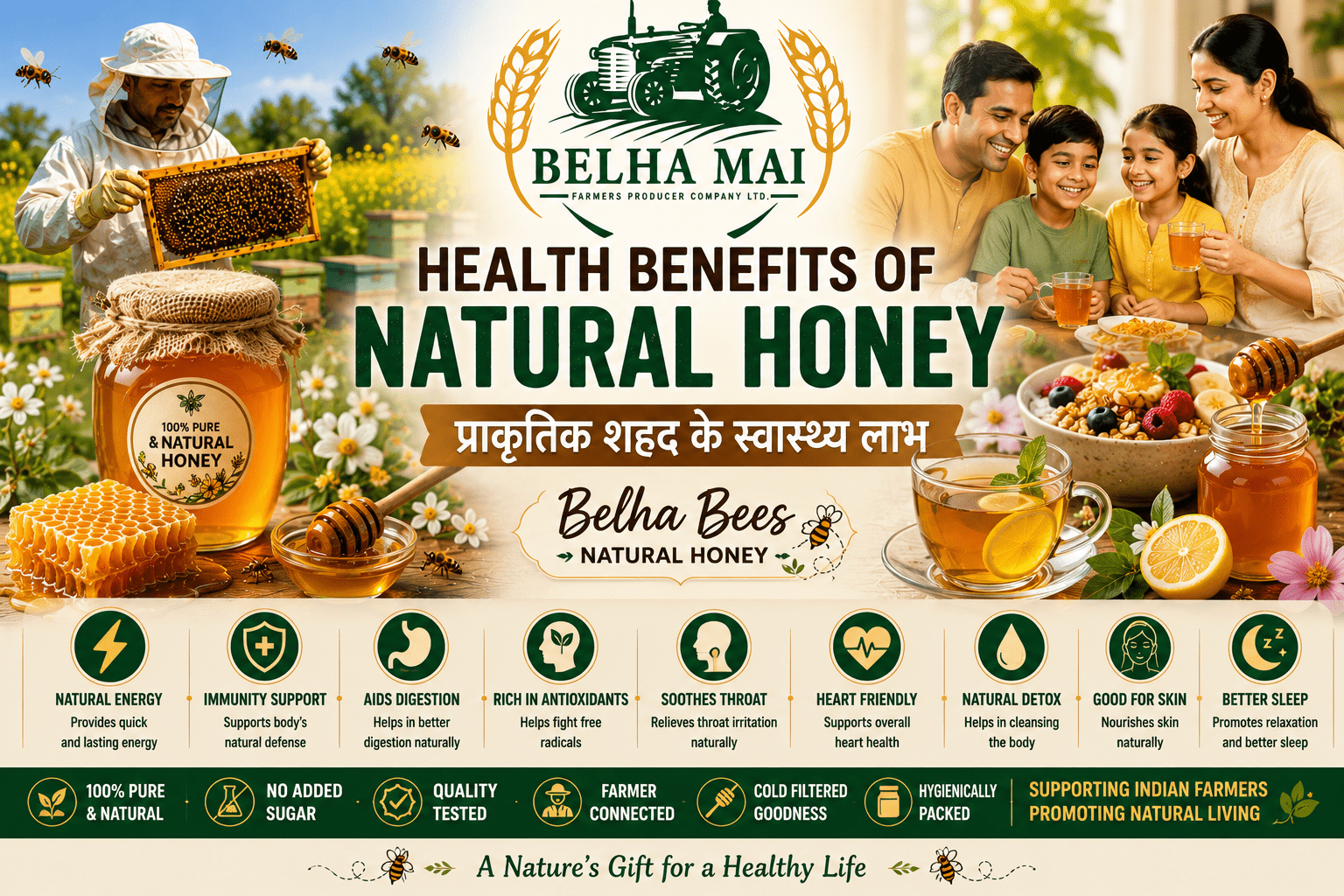 Health benefits of natural honey with Belha Bees Natural Honey and Belha Mai FPO logo
