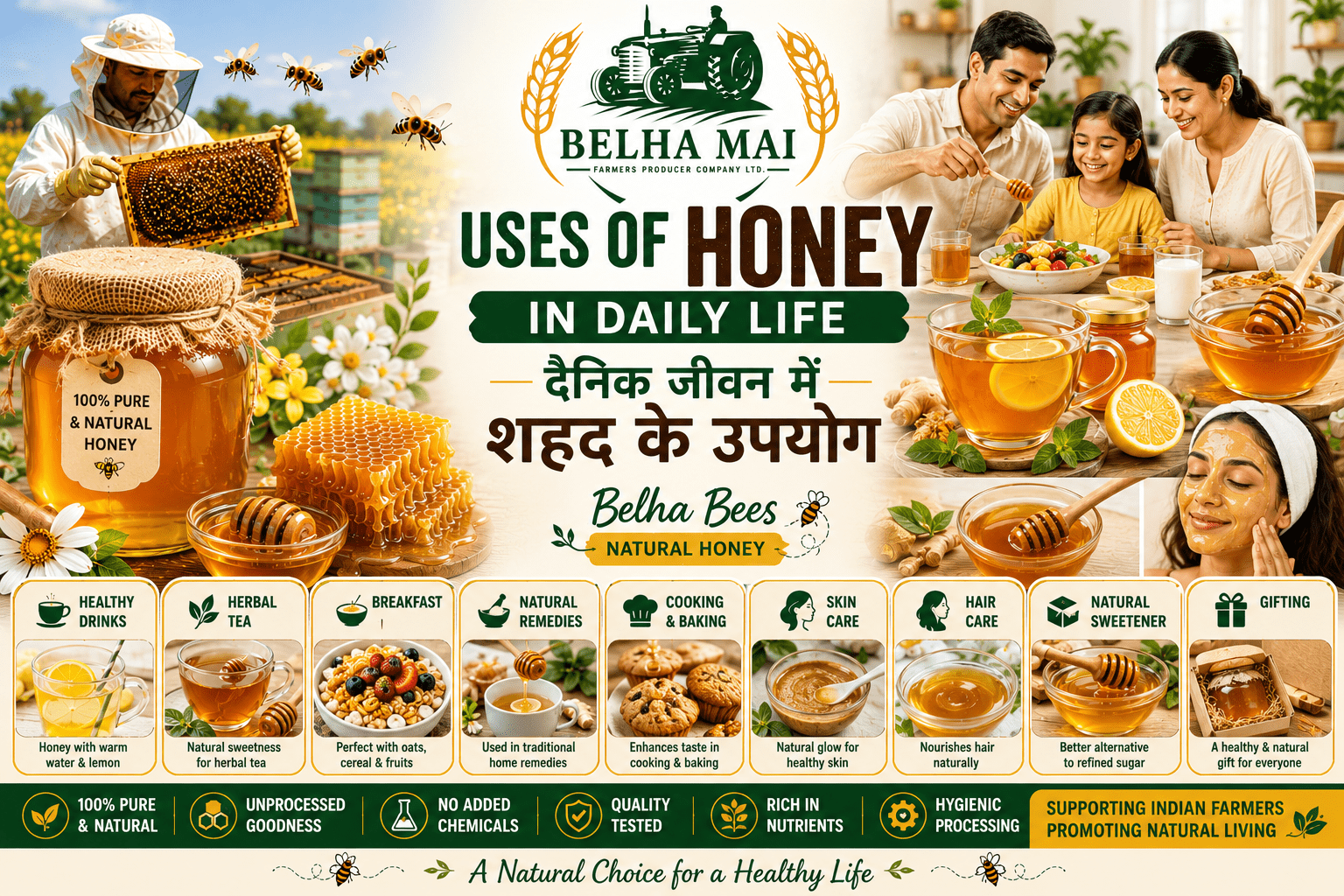 Uses of honey in daily life with Belha Bees Natural Honey and Belha Mai FPO logo