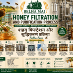 Honey filtration and purification process with Belha Bees Natural Honey and Belha Mai FPO logo
