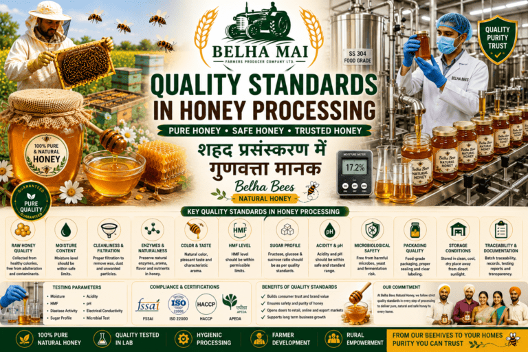 Quality standards in honey processing with Belha Bees Natural Honey and Belha Mai FPO logo