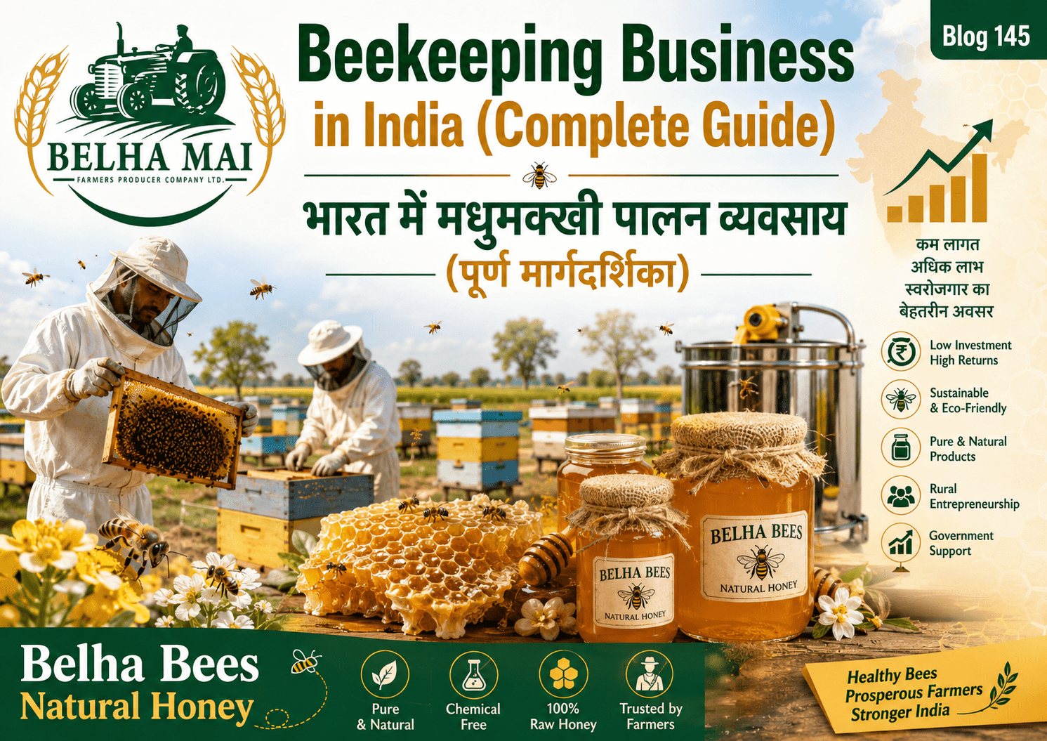 Beekeeping business in India complete guide with Belha Bees Natural Honey and Belha Mai FPO logo