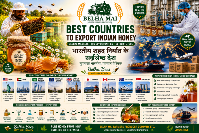 Best countries to export Indian honey with Belha Bees Natural Honey and Belha Mai FPO logo