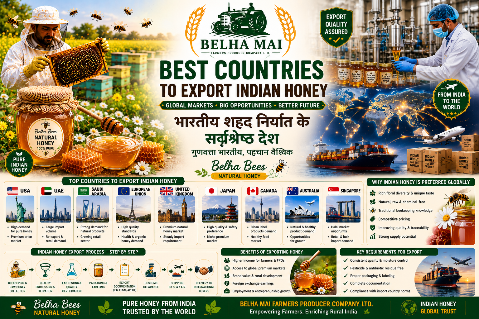 Best countries to export Indian honey with Belha Bees Natural Honey and Belha Mai FPO logo