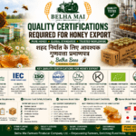Quality certifications required for honey export with Belha Bees Natural Honey and Belha Mai FPO logo