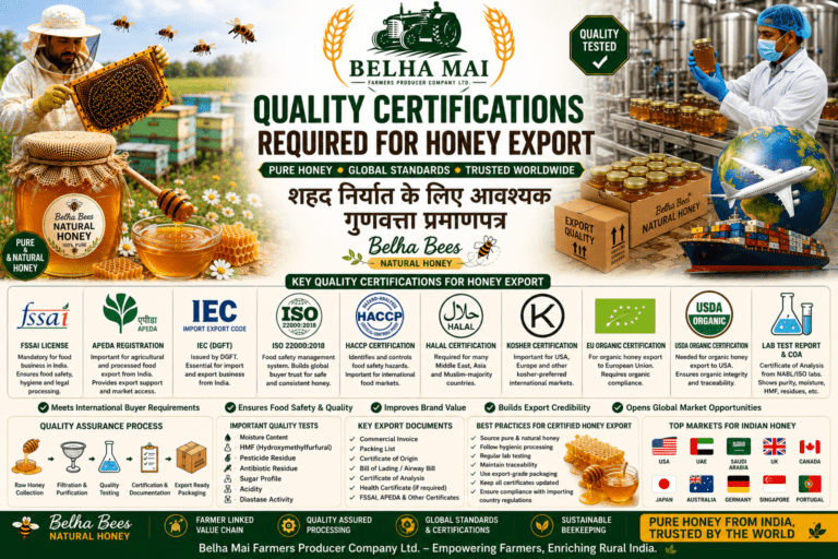 Quality certifications required for honey export with Belha Bees Natural Honey and Belha Mai FPO logo