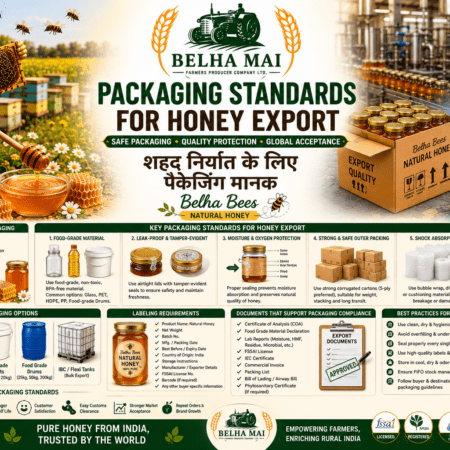 Packaging standards for honey export with Belha Bees Natural Honey and Belha Mai FPO logo