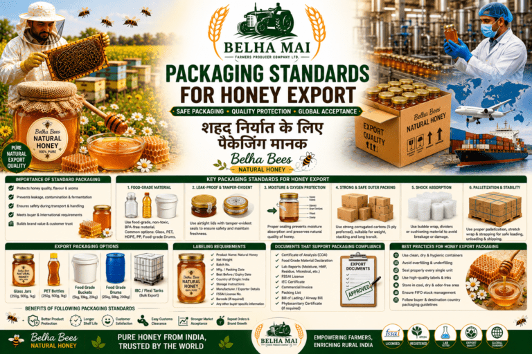 Packaging standards for honey export with Belha Bees Natural Honey and Belha Mai FPO logo