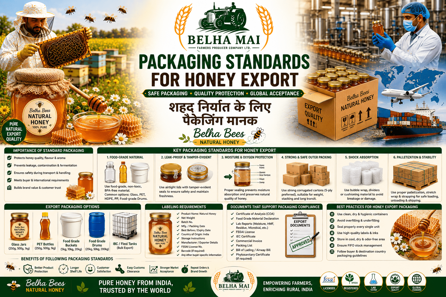 Packaging standards for honey export with Belha Bees Natural Honey and Belha Mai FPO logo