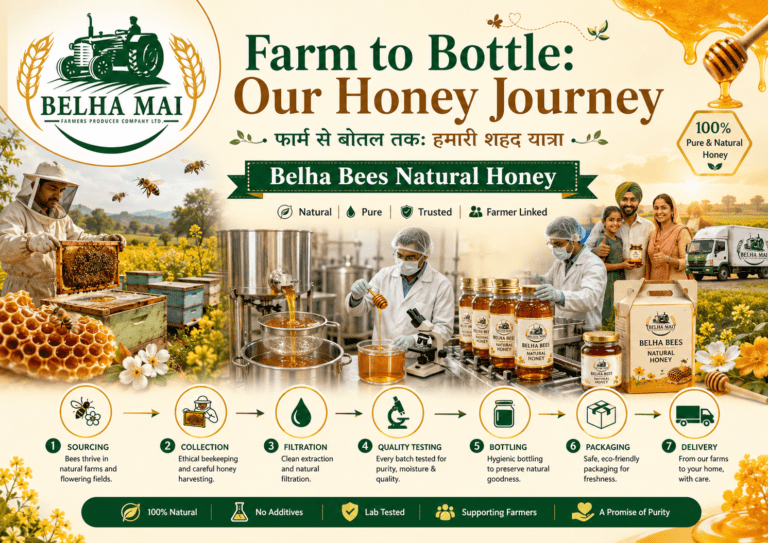 Farm to bottle honey journey of Belha Bees Natural Honey with Belha Mai FPO logo