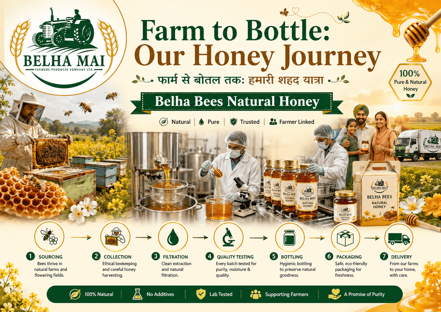 Farm to bottle honey journey of Belha Bees Natural Honey with Belha Mai FPO logo