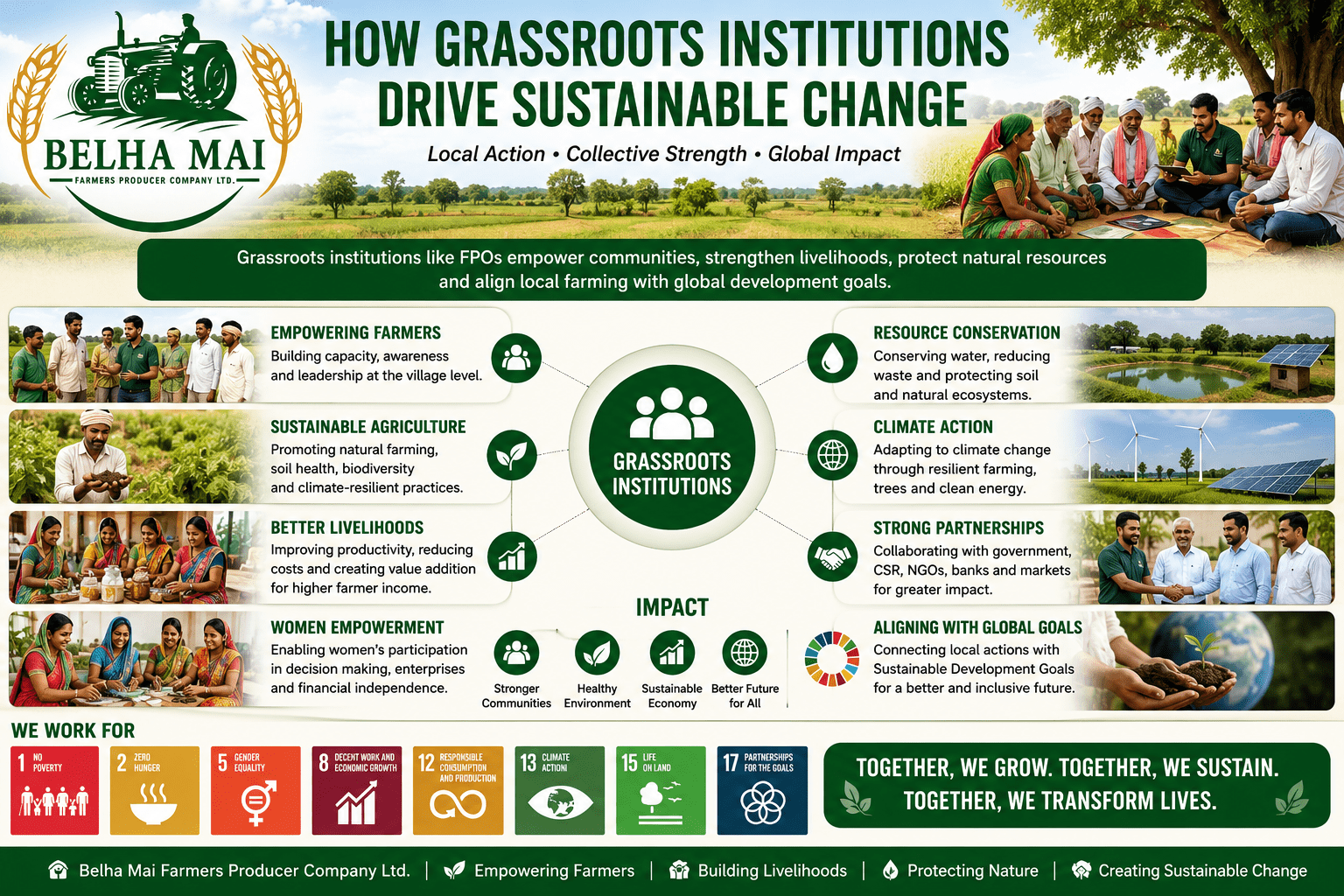 How Grassroots Institutions Drive Sustainable Change through rural leadership, farmer collectivization, women empowerment, sustainable agriculture, and partnerships