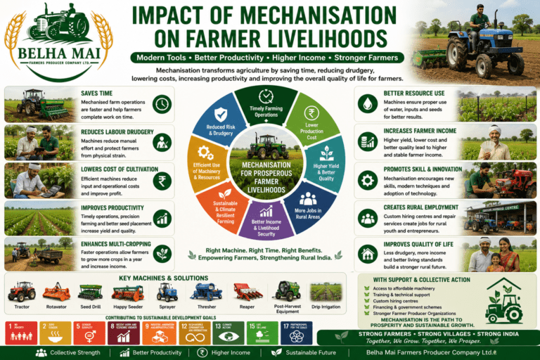 Impact of Mechanisation on Farmer Livelihoods through farm machinery, better productivity, lower labour burden, higher income, and FPO-led rural development