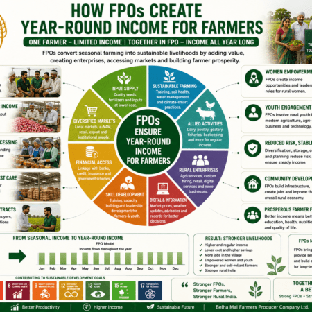 How FPOs Create Year-Round Income for Farmers through value addition, market linkage, allied activities, storage, processing, and rural enterprises