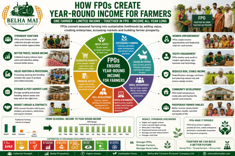 How FPOs Create Year-Round Income for Farmers through value addition, market linkage, allied activities, storage, processing, and rural enterprises