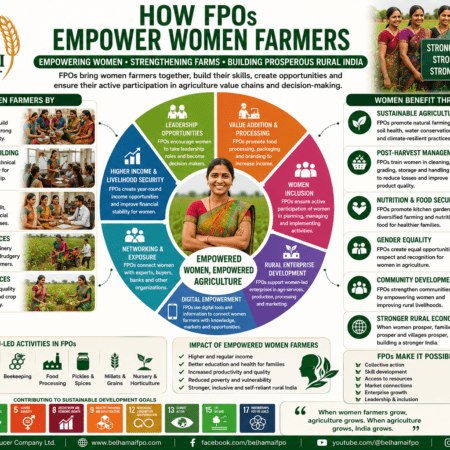 How FPOs Empower Women Farmers through collective strength, training, finance, market access, value addition, leadership, and rural development