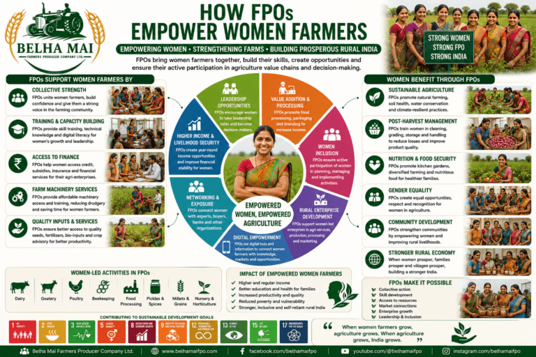 How FPOs Empower Women Farmers through collective strength, training, finance, market access, value addition, leadership, and rural development