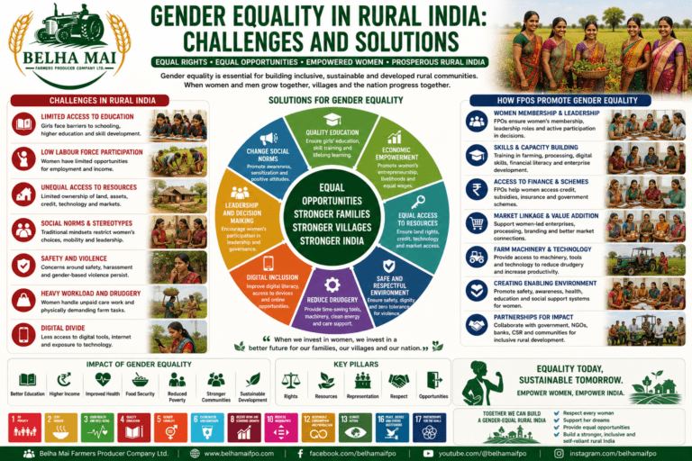 Gender Equality in Rural India through women empowerment, education, finance, FPO participation, leadership, and rural development