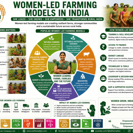 Women-led Farming Models in India through FPOs, SHGs, natural farming, dairy, beekeeping, nursery, food processing, and rural enterprises