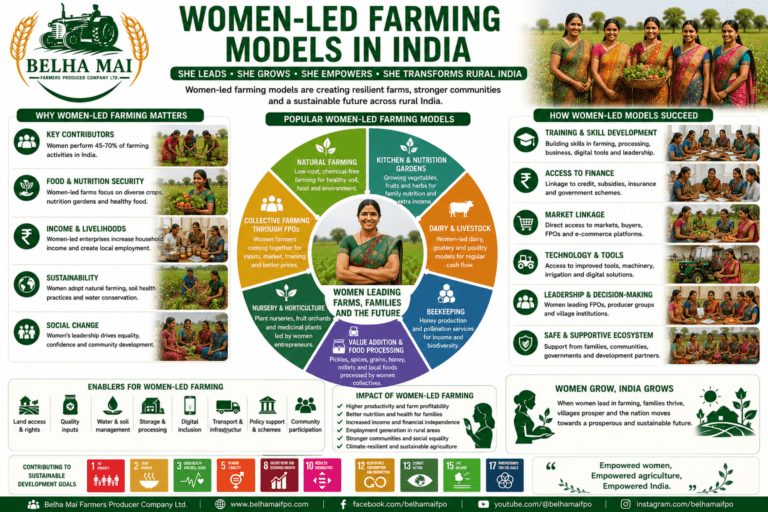 Women-led Farming Models in India through FPOs, SHGs, natural farming, dairy, beekeeping, nursery, food processing, and rural enterprises