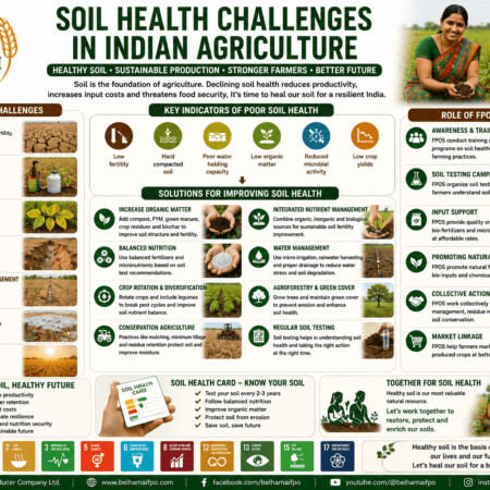 Soil Health Challenges in Indian Agriculture including declining organic carbon, nutrient imbalance, erosion, water stress, chemical overuse, and FPO-led sustainable solutions