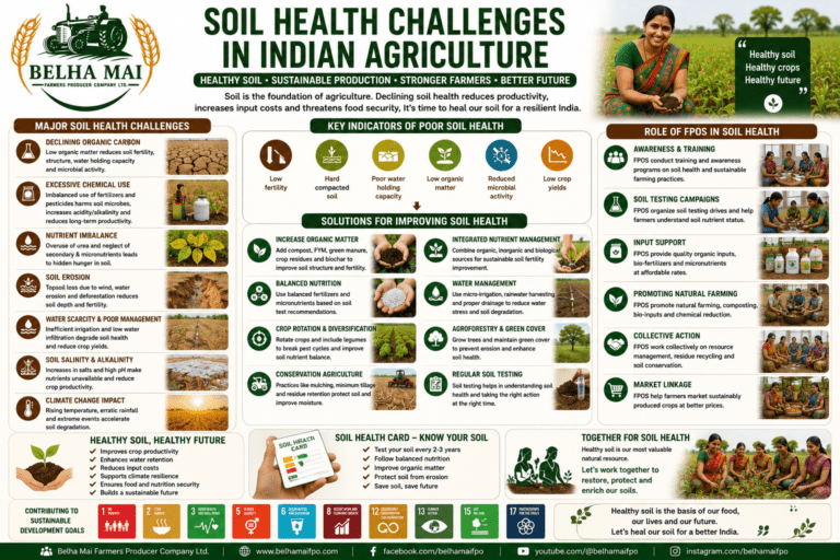 Soil Health Challenges in Indian Agriculture including declining organic carbon, nutrient imbalance, erosion, water stress, chemical overuse, and FPO-led sustainable solutions